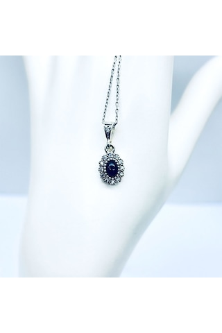 Oval Mini Boy Zirkon Ve Oltu Taşı İşçilikli 925 Ayar Gümüş Kolye Siyah
