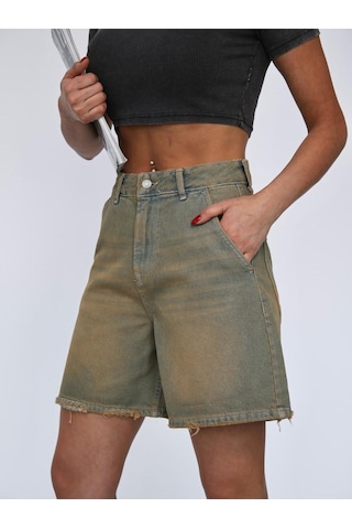 Tint Wash Denim Mini Şort Bej+Yeşiltint