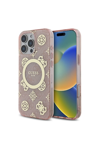 Apple Uyumlu iPhone 16 Pro Max Kılıf Guess Lisanslı Magsafe Özellikli Iml Peony Ve 4g Desenli Klasik Logolu Pembe