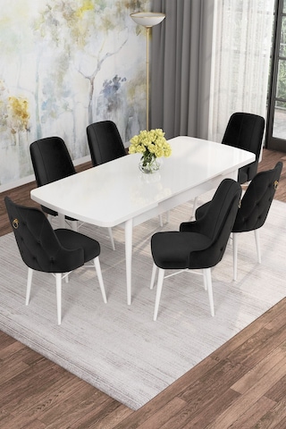 Mona Beyaz 80x132 Açılabilir Mdf Masa Yemek Odası Takımı, Mutfak Takımı 6 Adet Sandalye Beyaz Masa - 6 Siyah - Beyaz Ayak