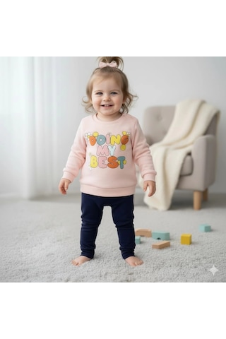 Kız Bebek Baskılı Çıt Çıtlı Alt Üst İkili Gündelik Takım 6-18 Ay Pudra