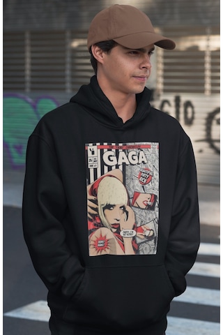 Sevbano Lady Gaga Tasarım Baskılı Unisex Oversize Şarkıcı Hoodie Siyah
