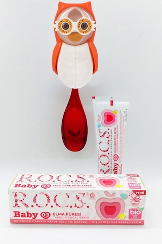 Rocs Baby 0 - 3 Yaş Soft Diş Fırçası + Flipper Baykuş Hijyenik Saklama Kabı Turuncu + Elma Püresi Macun 35 ML