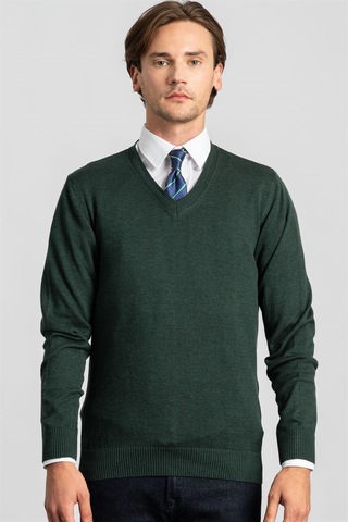 Tudors Slim Fit Dar Kesim V Yaka Pamuklu Erkek Kazak-22479 Yeşil