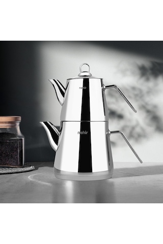 Nehir Alya Maxi Büyük Boy Paslanmaz Çelik 1.10-2.15 Lt. Çaydanlık Takımı Gümüş