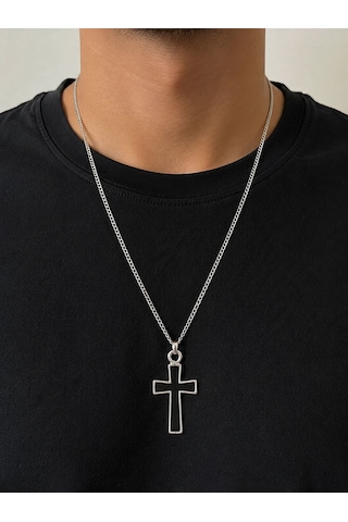 Unisex Gotik Haç Kolye Kırmızı Gri Gümüş Vintage Cross Kolye, Retro Zincir Kolye, Kadın Erkek Punk Gothic Siyah