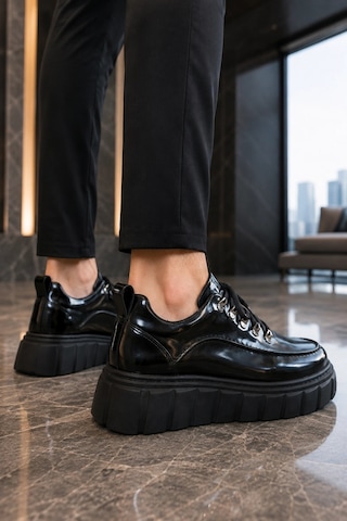 Mevese Duolc Bağcıklı Rugan Erkek Günlük Rahat Taban Sneaker Ayakkabı - Siyah