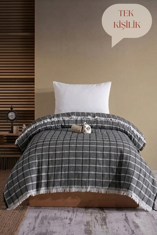 Miracolo Home Siyah Müslin 4 Katlı Yatak Örtüsü Pike Tek Kişilik Pamuklu Pike 170x203