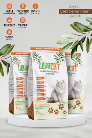 Olivacat Zeytin Çekirdeğinden Üretilen Doğal Tozsuz Kedi Kumu 3 x 7 L