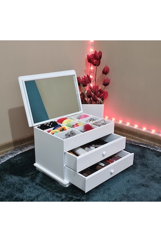 Aynalı 2 Çekmeceli Bölmeli Dekoratif Takı Saat Kutusu