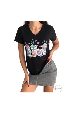 Cassime Kadın Siyah Ayıcık Kalp Çiçek Pul Payet İşlemeli V Yaka %100 Pamuk Tişört Büyük Beden Xl-2xl-3xl
