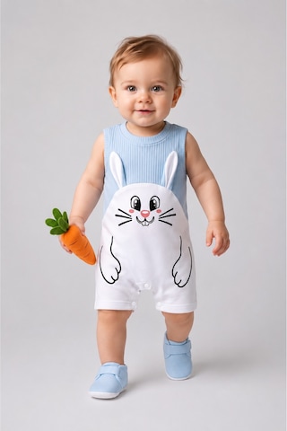 Babyden's Erkek Bebek Tavşan Desenli Yazlık Tulum Fitilli Pamuklu Kolsuz Bebek Tulumu Çıtçıtlı Romper 0-9 Ay Mavi