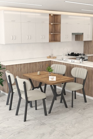 Gnr 70x110cm Sabit Atlantik Mutfak Masası Takımı, Yemek Masası, 4 Modern Krem Sandalye Gri