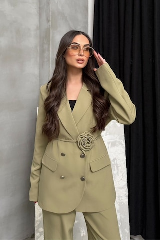 Msm Fashion Kadın İkili Blazer Ceket Pantolon Takım Aksesuar Ve Düğme Detaylı Bol Paça Açık Haki