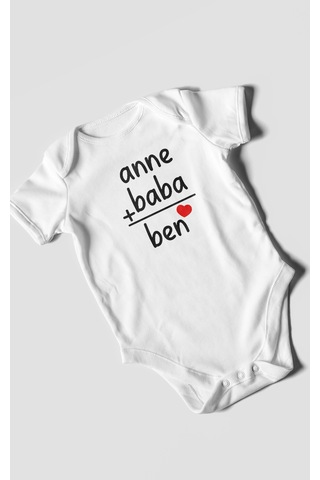 Anne Baba Ve Ben Baskılı Bebek Zıbını Çıtçıtlı Body %100 Pamuk Kısa Kol Beyaz