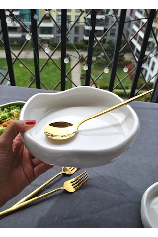 1 Adet Porselen Kıvrımlı Fırın Kabı Sunum Tabak Meze Salata Tabağı 19 Cm Asimetrik Beyaz