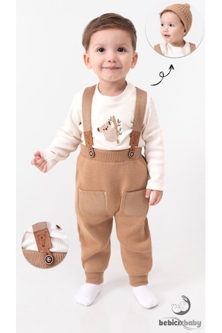 Bebicix Triko Askılı Koala Temalı Kaşkorse Esnek Badili Bereli Unisex Bebek Takım Sütlü Kahve