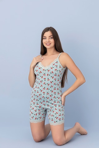 Pıove Kadın Kiraz Desenli Askılı Şortlu Pijama Takımı Dantel Detaylı Mint Yeşili Rahat Ev Giyim Seti Mavi