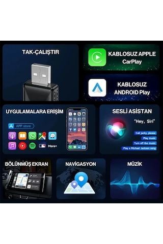 Ally Kablosuz Car Play Adaptörü Apple, Uyumlu Ve Android Cihazlar Için Wireless Carplay Çevirici- 5775