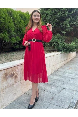 Hazego Kadın Şifon Kumaş Astalı Kloş Kesim Kruvaze Yaka Midi Boy Elbise Kırmızı