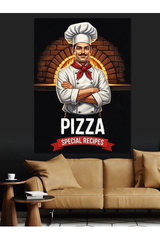 Fırın Önünde Pizza Ustası Şef Aşçı " Özel Pizza Tarifleri" Sloganlı Afiş Dekoratif Kanvas - Mdf Ahşap Tablo