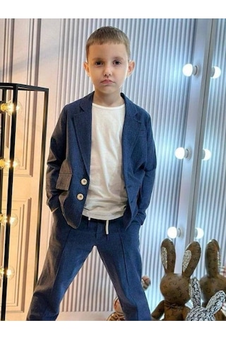R.g Erkek Çocuk Keten Ceket T-shirt Pantolon 3lü Basic Takım Elbise-15870 Lacivert