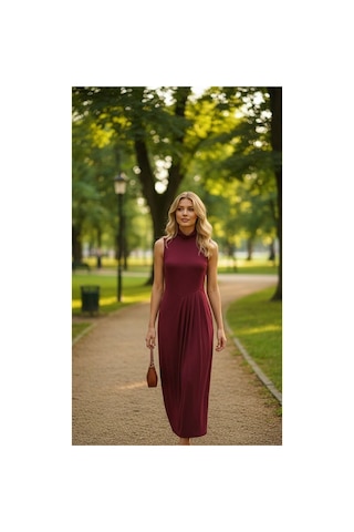 Zdnjeans Pileli Bordo Uzun Elbise