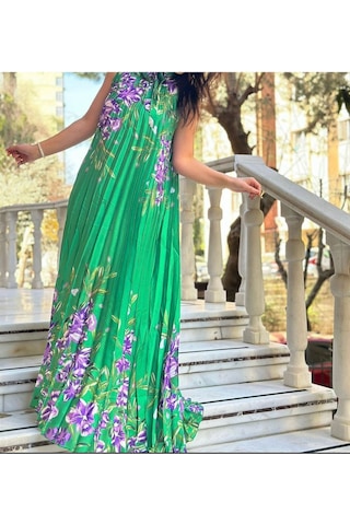 Lasorella Butik Yeşil Çiöek Desenli Astarsız Saten Elbise Yeşil