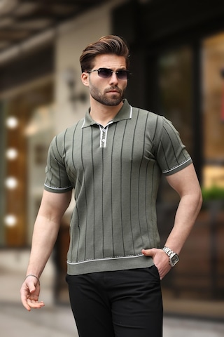 Madmext Haki Düğmeli Polo Yaka Triko Erkek Tişört E7408 Haki