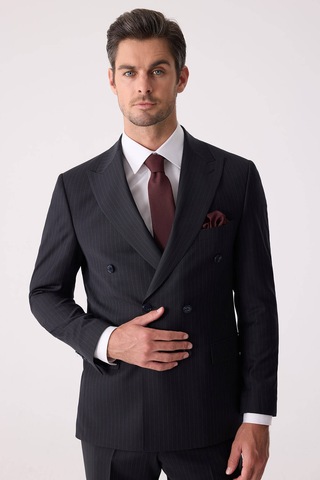 Erkek Lacivert Çizgili Slim Fit %100 Yün Çizgili Kruvaze Takım El