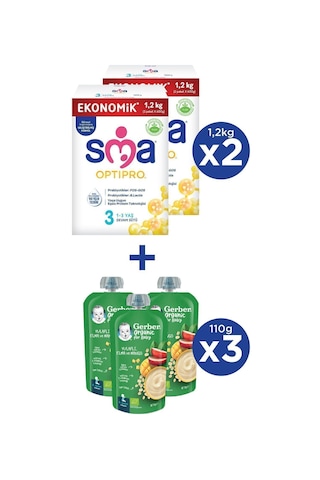 Sma Optipro 3 Devam Sütü 1200 G 2 Adet + Gerber Organik Yulaflı - Elma ve Mango Püresi 110 G 3 Adet