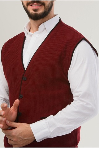 Kamalı Bordo Erkek V Yaka Triko Düğmeli Cepli Çizgi Desenli Regular Fit Tüylenmeyen Örgü Yelek Bordo