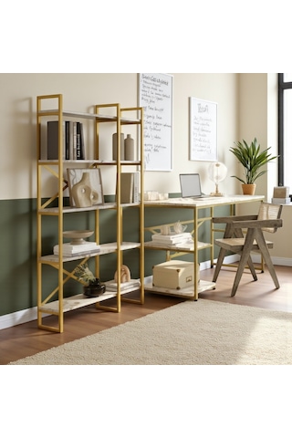 Robin Home Gold Çalışma Masası Ve Gold Kitaplık Metal Ayaklı 2'li Set Mermer