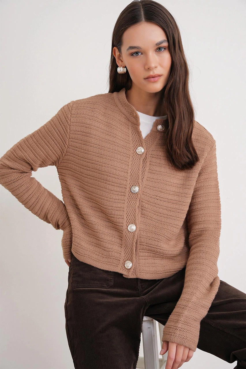 6778 Kadın Links Desenli Crop Triko Hırka Camel Camel