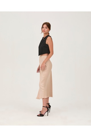 Düz Saten Verev Uzun Etek Bej Bej