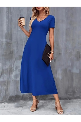 Kadın Kısa Kollu V Yakalı Cepli Viskon Elbise Saks Mavi