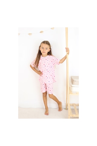 Kız Çocuk Pamuklu Penye Kumaş Şortlu Pijama Takımı Beyaz - Pembe