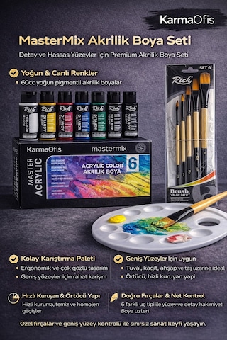 Mastermix Akrilik Boya Seti 60cc 6 Lı + Set 6 Profesyonel Fırça 6 Lı + Palet Hobi & Sanat Seti Çok Renkli