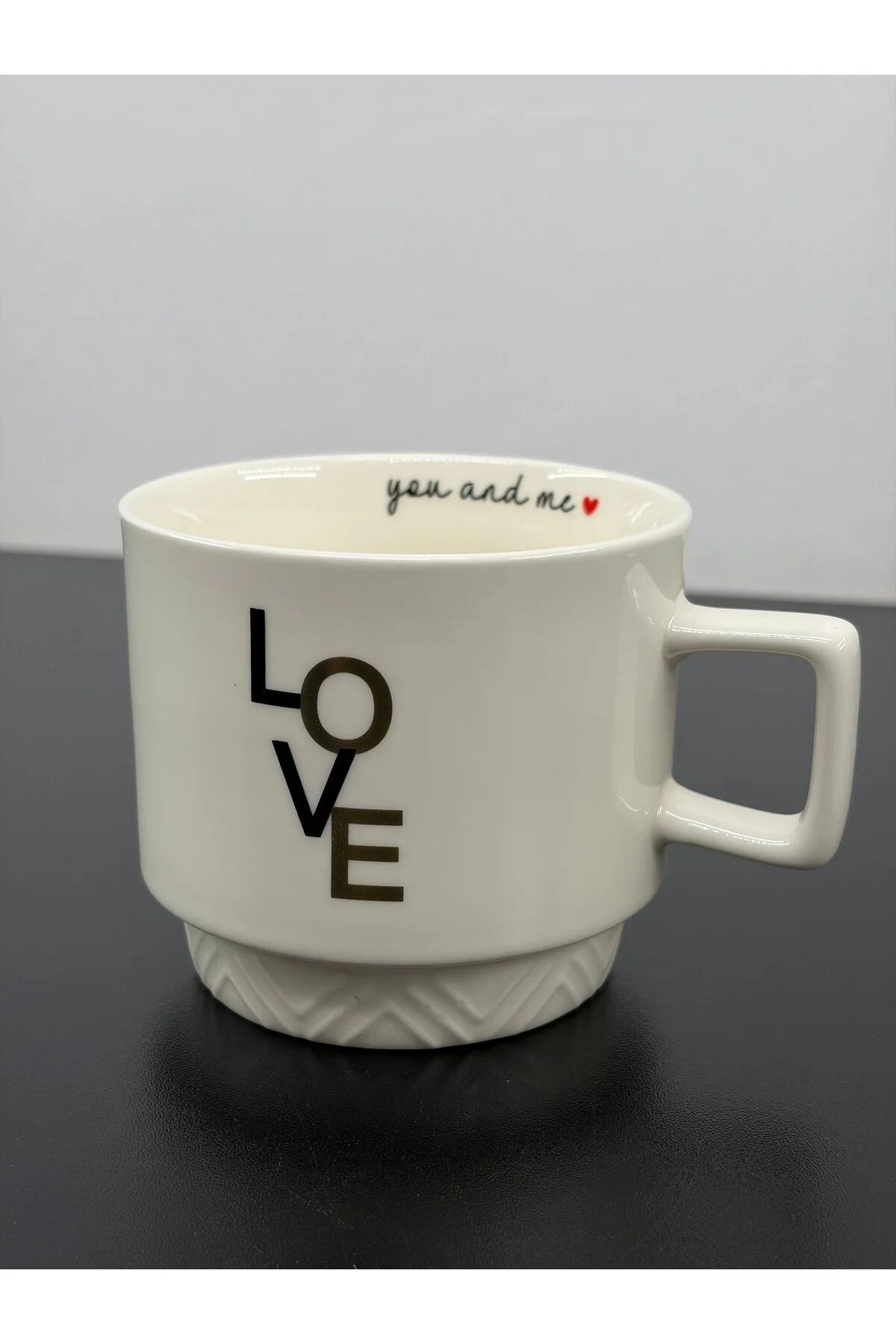 Acar Porselen Lüks Love Desenli Kahve Meşrubat Çay Bardağı Bardak Kupa 325ml Gri