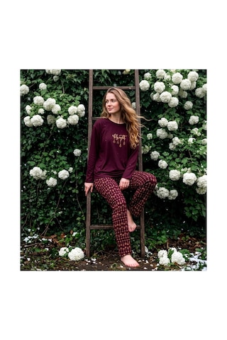 Pijamoni Kadın Sofya Kumaş Bisiklet Yaka Pijama Takımı Bordo