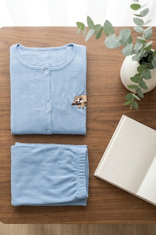 Mataş Kadın Ayıcık Desenli Bambu Viskon Kısa Kollu Yumuşak Soft Örme Pijama Takımı Mavi