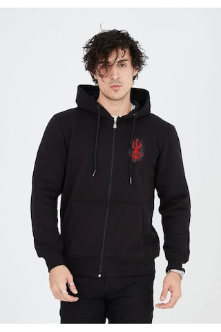 Luz&pos Erkek Baskılı Tam Fermuarlı Kapşonlu Sweatshirt - Siyah Siyah