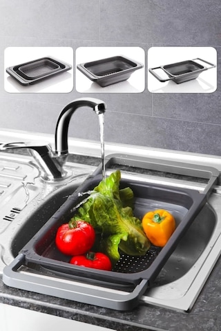 Silikon Büyük Boy Akordiyon Katlanabilir Lavabo Süzgeci - Evye Üstüne Asılabilen Kollu Süzgeç 5,5lt Gri - Siyah