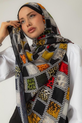 Mimiyum Soft Şal Zincir Leopar Haki Siyah Çok Renkli