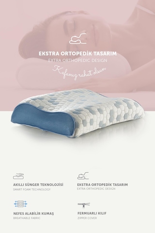 Pafu Visco Çift Boyun Destekli Kumaşlı Cooler Ortopedik Yastık Beyaz - Mavi
