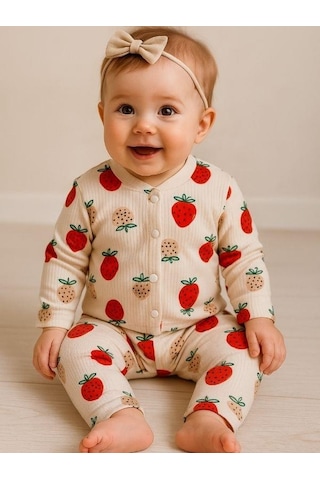 Zekids Kız Bebek Pamuku Çilek Desenli Pijama Takımı-16296 Çok Renkli