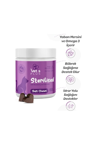 Vet's Plus Sterilised Çiğnenebilir Tablet 60'lı Kısır Kediler İçin Yaban Mersinli Urinary Destek