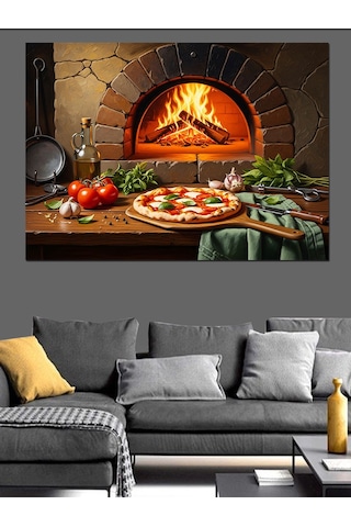 Odun Ateşinde Pişen Taş Fırın Pizza Dekoratif Kanvas - Mdf Ahşap Tablo