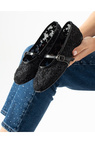 Dabab Shoes Lorena Kadın Siyah Çiçek Nakışlı Tül Mary Jane Babet