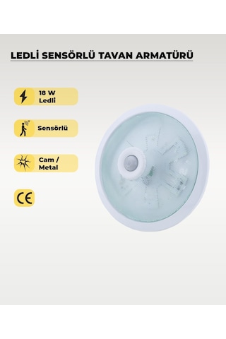 18w Ledli Sensörlü Tavan Armatürü 6500k Beyaz Işık - Cam / Metal Beyaz
